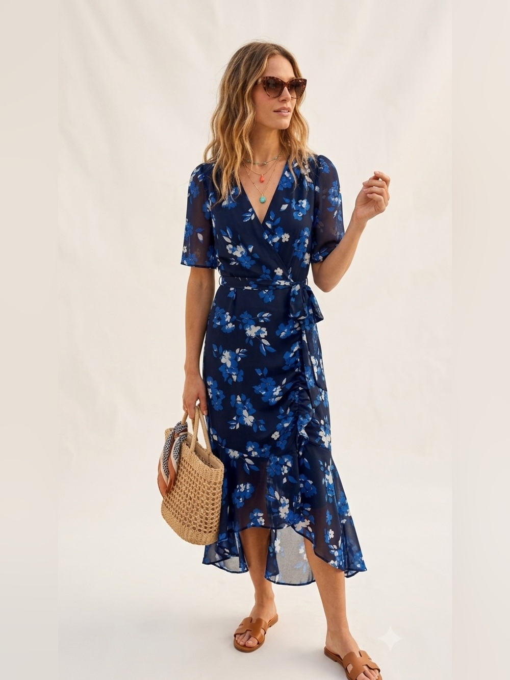 DKNY Navy Blue Floral Wrap Midi Dress Size 6
